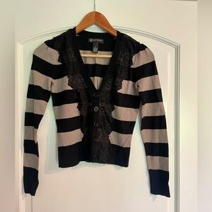 INC International Concepts Black and Taupe Striped Lace-Trim Cardigan